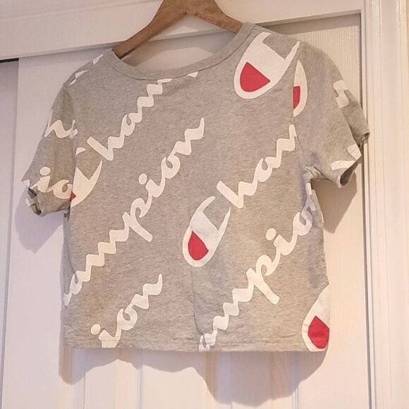 Champion Heritage Athletic Gray All Over Script Logo Crop Top T Shirt Medium - Picture 6 of 10